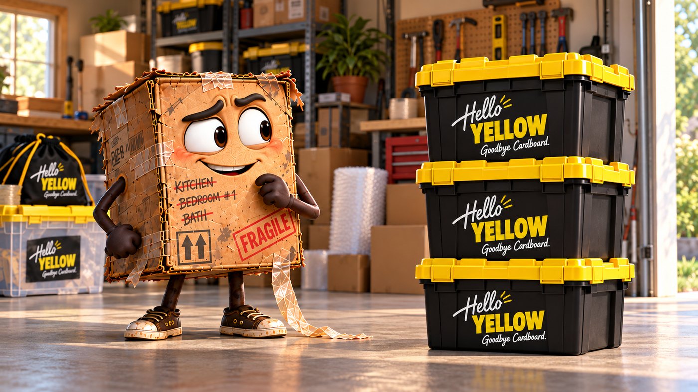 Carl the Cardboard Box meeting a neat stack of Hello Yellow totes in a garage